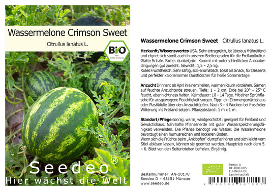 Seedeo® Wassermelone Crimson Sweet (Citrullus lanatus L.) ca. 10 Samen BIO