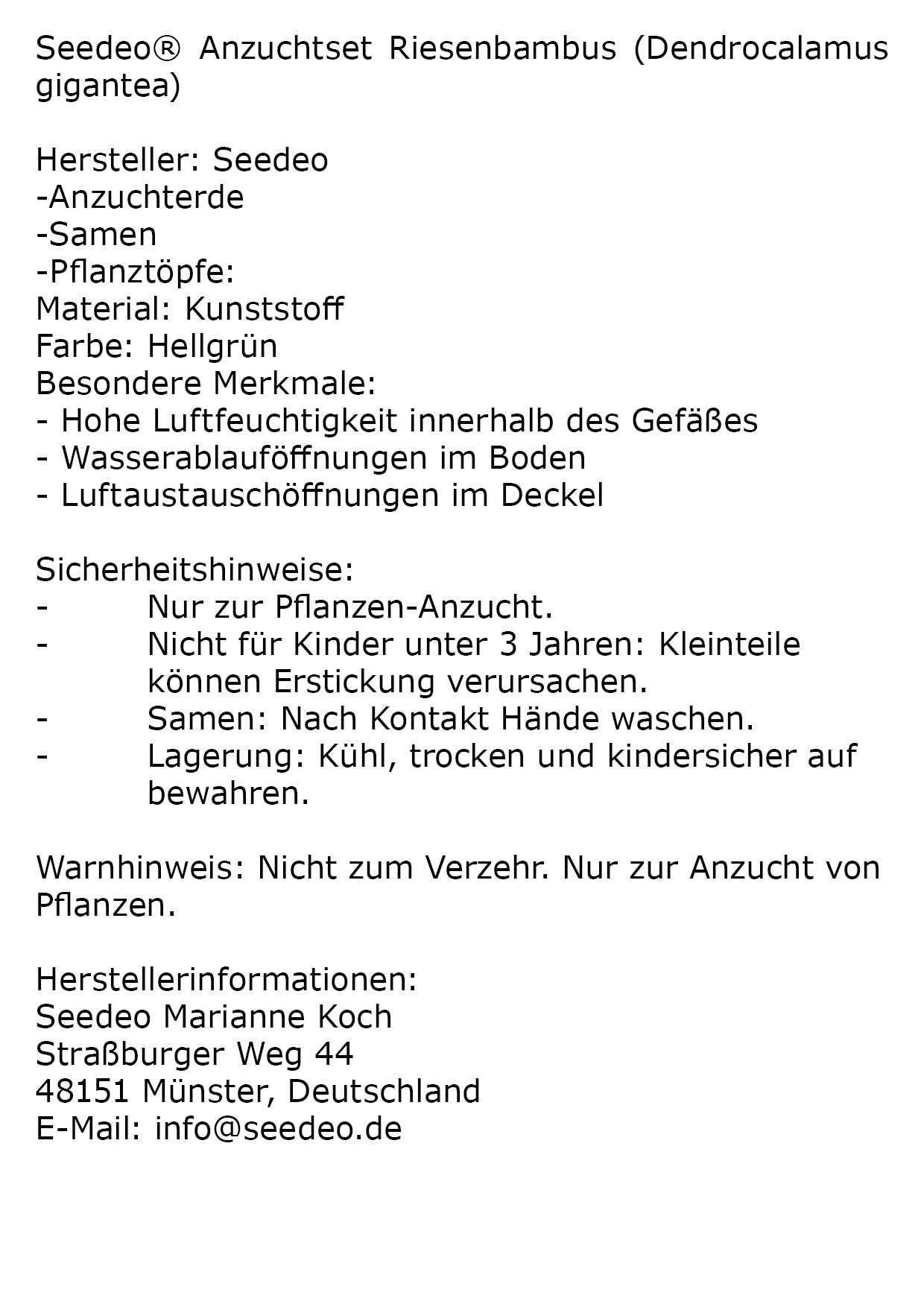 Seedeo® Anzuchtset Riesenbambus (Dendrocalamus gigantea) 60 Samen