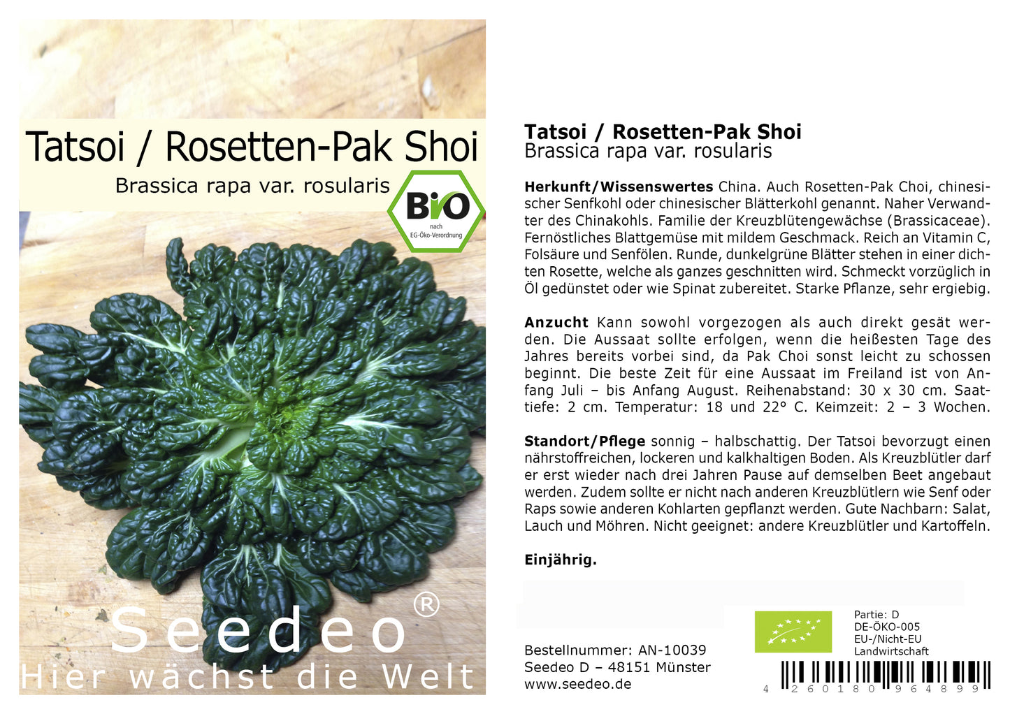 Seedeo® Tatsoi-Rosetten Pak Choi (Brassica rapa var. rosularis) 500 Samen BIO
