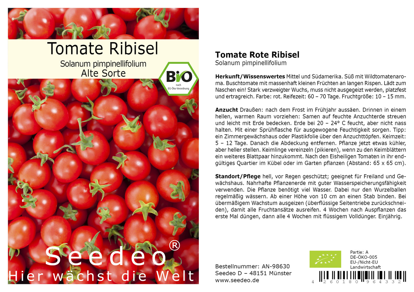 Seedeo® Tomate Rote Ribisl (Lycopersicum esculentum Mill.) 20 Samen BIO