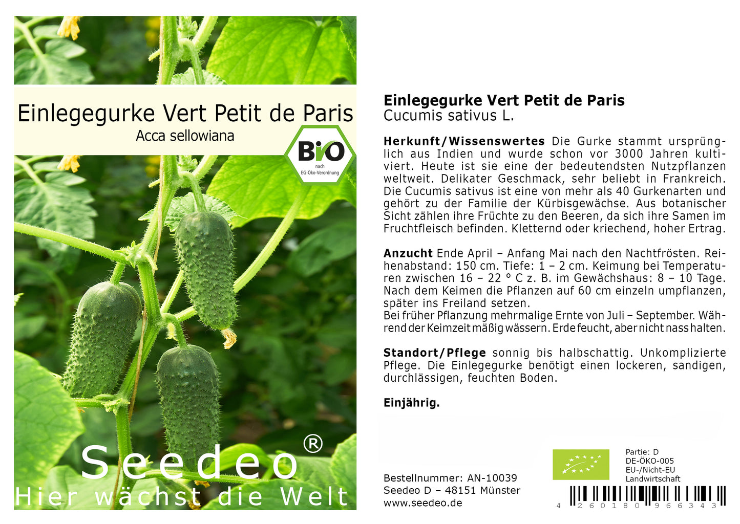 Seedeo® Einlegegurke Vert Petit de Paris ( Cucumis sativus L.) 30 Samen BIO
