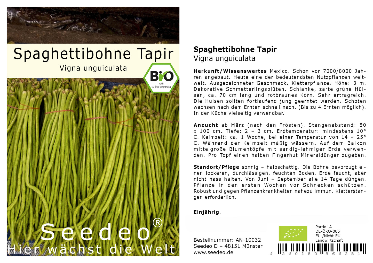 Seedeo® Spaghettibohne Tapir (Vigna unguiculata) ca. 20 Samen BIO