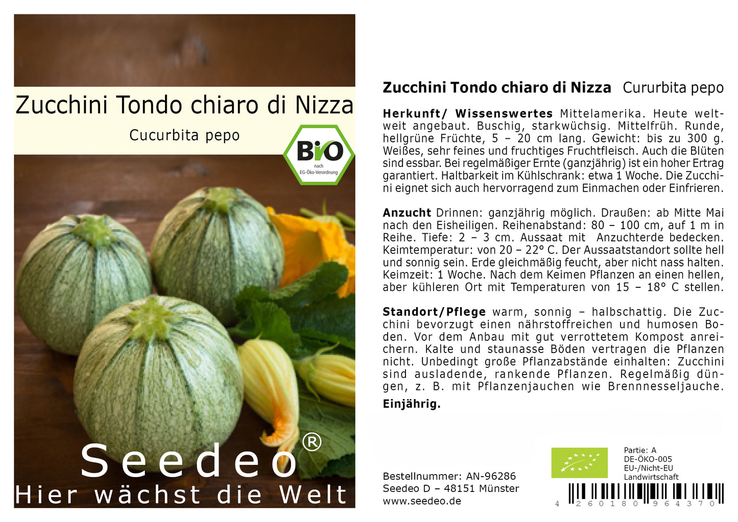 Seedeo® Zucchini Tondo chiaro di Nizza (Cucurbita pepe) 15 Samen BIO