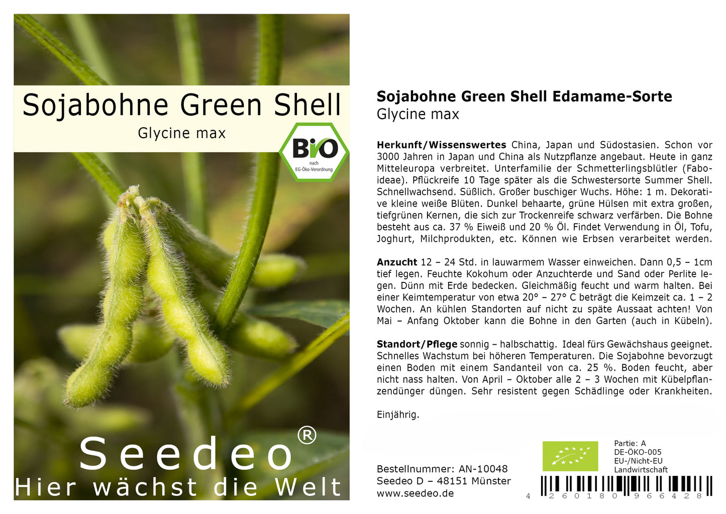 Seedeo® Sojabohne Green Shell ( Glycine max ) Edamame-Sorte 30 Samen BIO