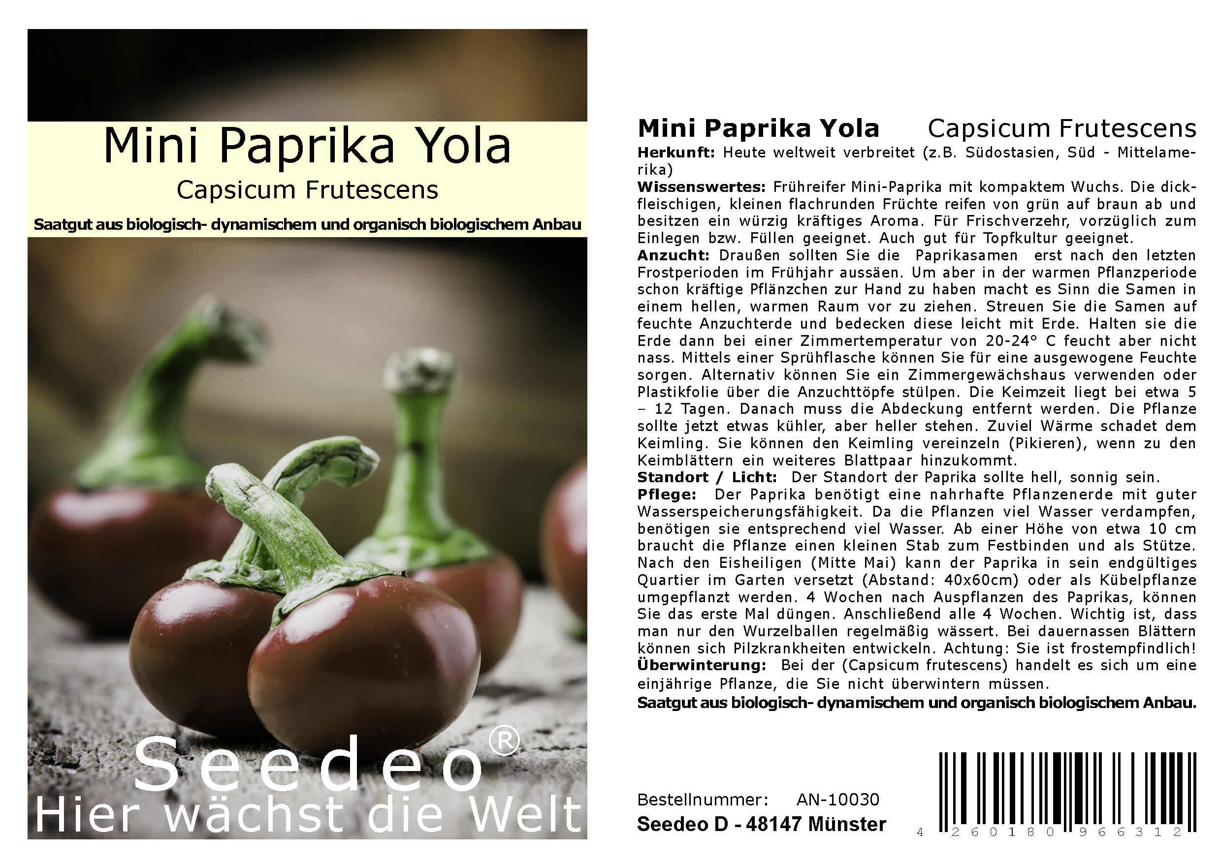 Seedeo® Mini Snack Paprika Yola (Capsicum Frutescens) 20 Samen BIO