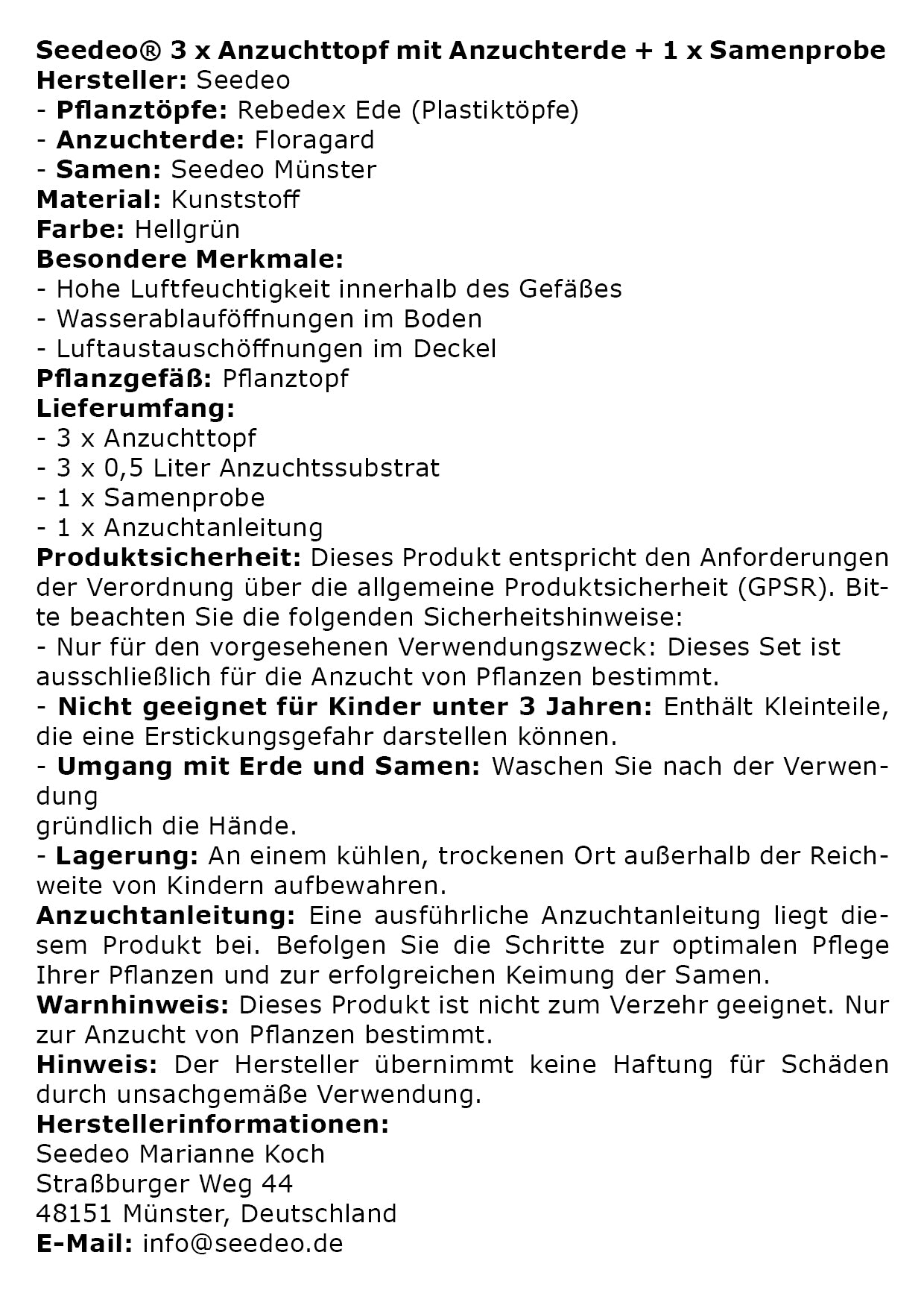 Seedeo® 3 x Anzuchttopf mit Anzuchterde + 1 x Samenprobe