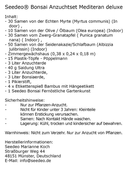 Seedeo® Bonsai Anzuchtset Mediteran deluxe (Echte Myrte, Ölbaum, Zwerg Granatapfel, Schlafbaum)