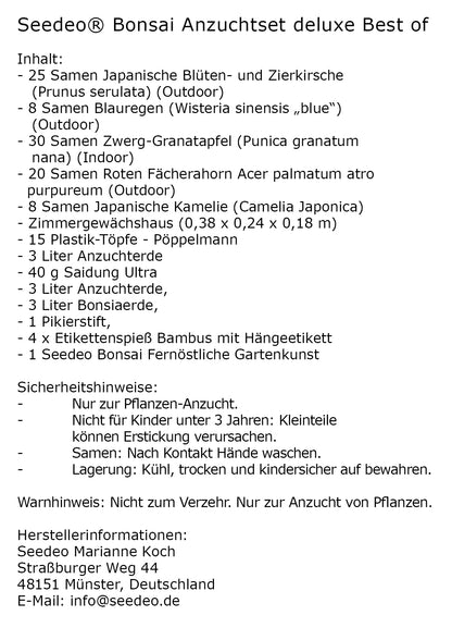 Seedeo® Bonsai Anzuchtset deluxe Best of (Japanische Blüten- und Zierkirsche, Blauregen,Zwerg-Granatapfel, Roter Fächerahorn,Japanische Kamelie)