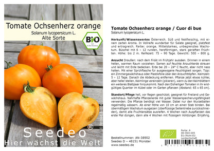Seedeo® Tomate Ochsenherz orange / cœur de bœuf    ( Lycopersicum L.)  20 Samen BIO