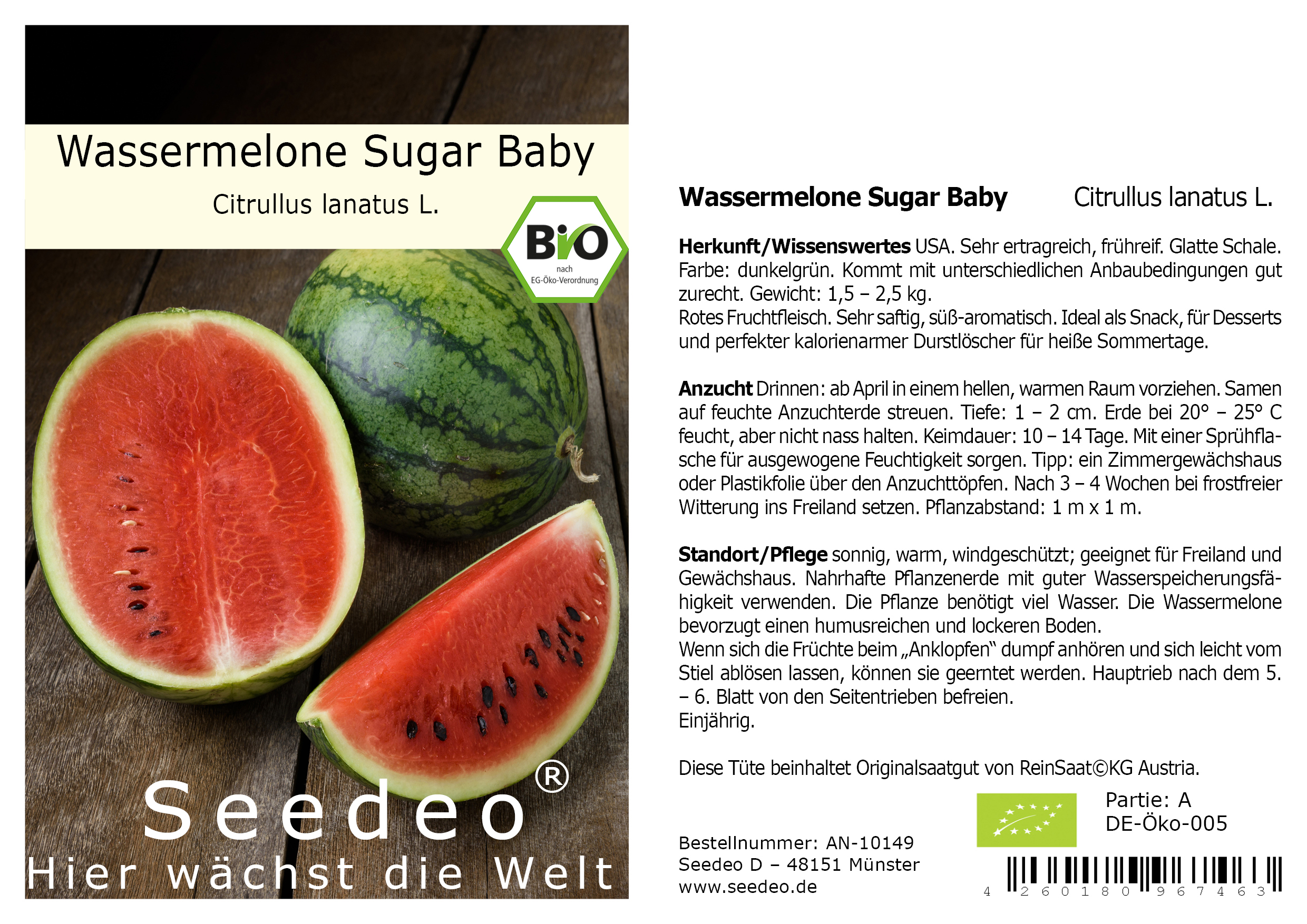 Seedeo® Wassermelone Sugar Baby (Citrullus lanatus L.) 10 Samen BIO