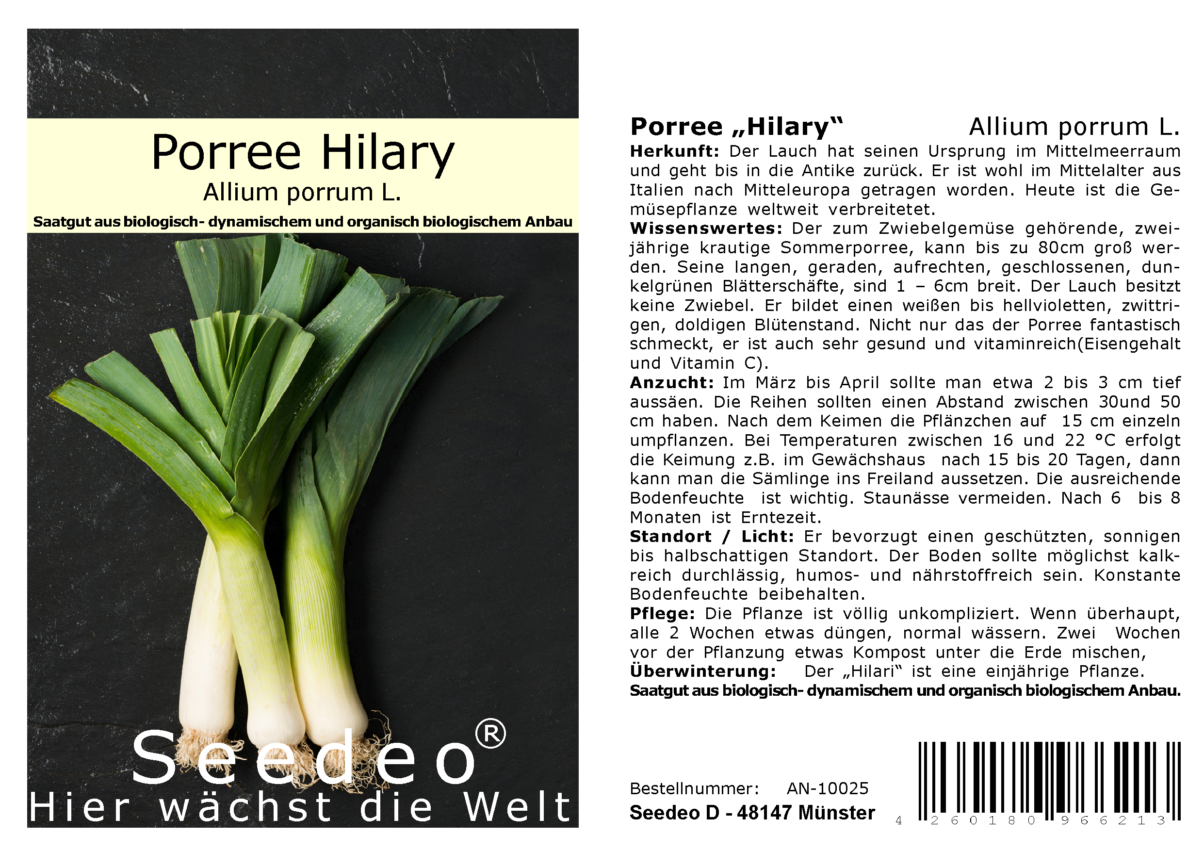 Seedeo® Porree „Hilary“ (Allium porrum L.) ca.150 Samen BIO