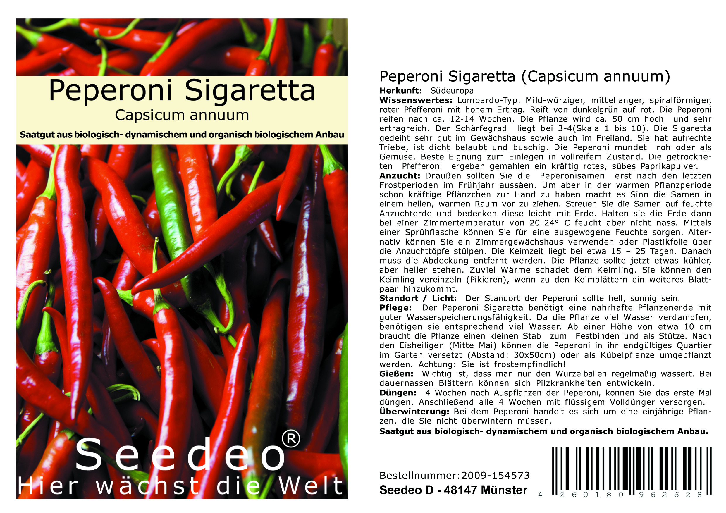 Seedeo® Peperoni Sigaretta (Capsicum annuum) 20 Samen BIO