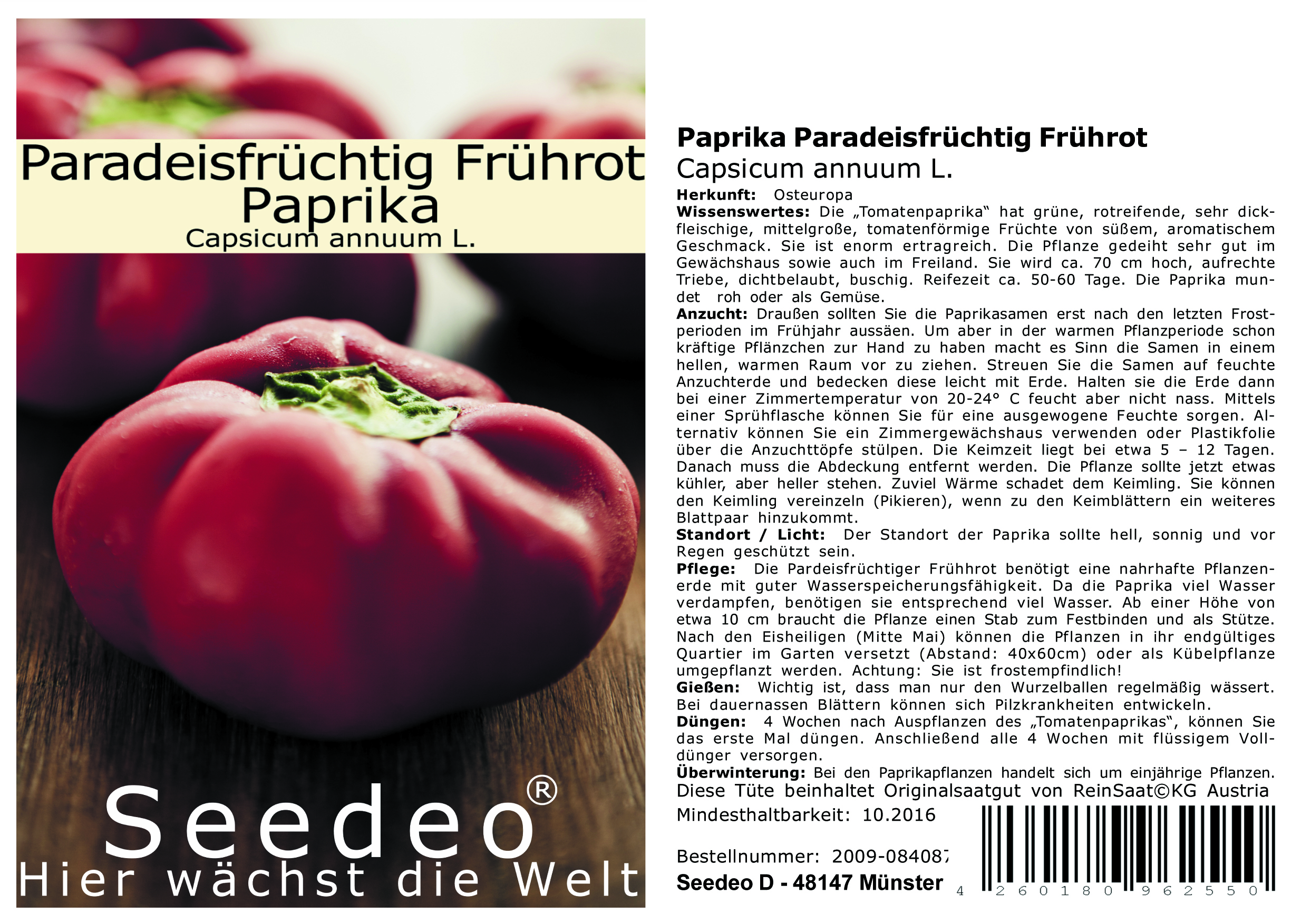 Seedeo® Paprika Paradeisfrüchtig Frührot (Capsicum annuum L.) 20 Samen BIO